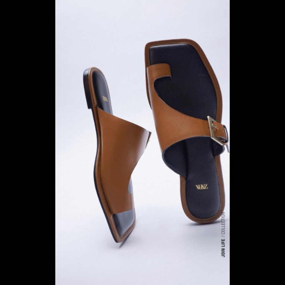 ZARA Asymmetric Brown Leather Slide Sandals in EU 39 US 8